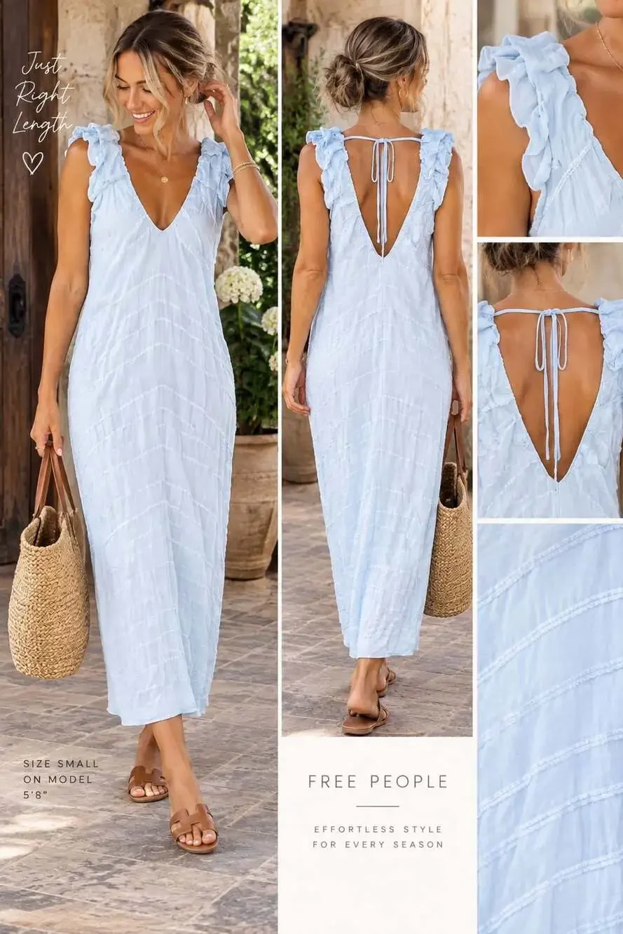 Free People Agatha Ruched Dress Size S Light Blue Midi